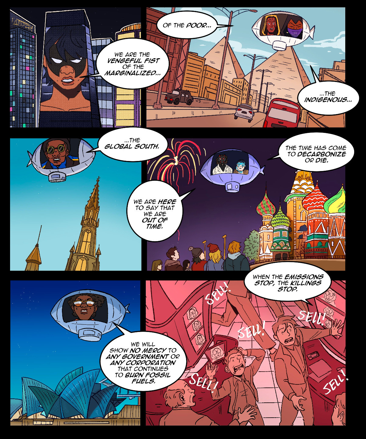 page from the dog park dissidents magnificent bastards comic where los zorritos introduce themselves to the world "we are the vengeful fist of the marginalized, the poor, the indigenous, the global south, and we are here to say we are out of time. the time has come to decarbonzie or die. we will show no mercy to any government or corporation that continues to burn fossil fuels. when the emissions stop, the killings stop"