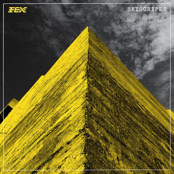 cover of skyscraper by fex. yellow triangle mountain thingy against a black sky